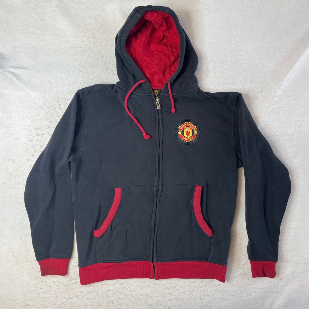 Manchester United Full Zip Hoodie Mens Small Black Red Embroidered Logo